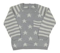 Šedo-bílý melírovaný svetr s hvězdičkami a kapsou a pruhy Bonjour Bébé