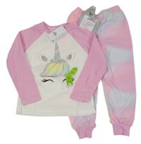 Nové - bílo-růžovo-batikované fleecové pyžamo s jednorožcem PRIMARK