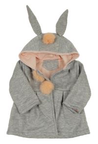 Šedý melírovaný teplákový podšitý kabátek s bambulkami a kapucí s oušky