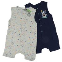 Nové - 2x - Cargo kraťasový overal - Bílý s obrázky, tmavomodrý s nápisy Smile