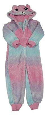 Růžovo-lila-světlemodrá chlupatá kombinéza s kapucí s čumákem George