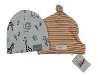 2x bavlněná čepice - bílá se zvířaty + barevná pruhovaná