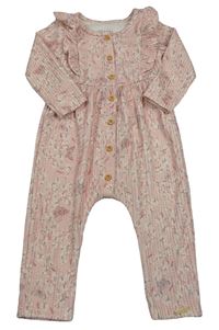 Růžový melírovaný květovaný žebrovaný overal s volánky