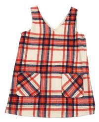 Smetanovo-červeno-tmavomodré kostkované vlněné šaty F&F