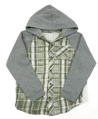 Šedo-khaki-bílá mikina/košile s kapucí