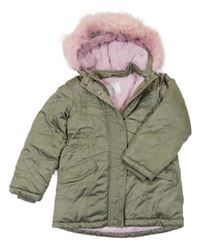 Khaki šusťáková zimní bunda s kapucí s kožešinou Primark