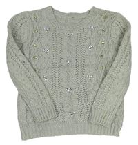 Šedý pletený svetr s kamínky 