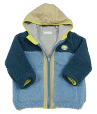 Modro-petrolejová huňatá podšitá propínací mikina s kapucí 