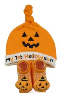 Nové - 2 set - oranžová čepice - dýně + oranžové pruhované ponožky s dýněmi 