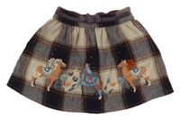 Fialovo-smetanová vlněná kostkovaná sukně s koníky 