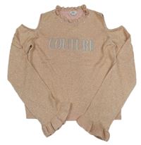 Růžovo-zlaté třpytivé úpletové triko s nápisem a holými rameny River Island