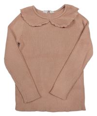 Světlerůžový žebrovaný lehký svetr s límečkem Primark