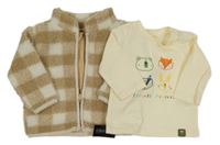 Nové - 2set - Béžovo-bílá huňatá kostkovaná bunda + smetanové triko se zvířátky Dunnes Stores