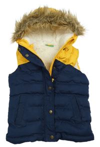 Tmavomodro-žlutá šusťáková zateplená funkční vesta s kapucí s kožešinou Mountain Warehouse