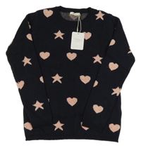 Nové - Tmavomodro-růžový svetr se srdíčky a hvězdami 