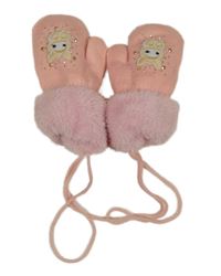 Růžové zateplené palcové rukavice s králíčky a kožešinou 