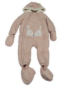 Růžová šusťáková zimní kombinéza s liškou a kapucí + boty a rukavice Tu