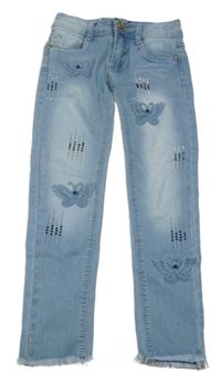 Světlemodré skinny rifle s kamínky a motýlky 