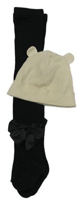2set - Černé žebrované punčocháče s 3D mašlemi + béžová žebrovaná čepice s oušky 