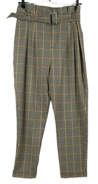 Dámské černo-žluto-oranžové kostkované paperbag kalhoty s páskem Bershka 