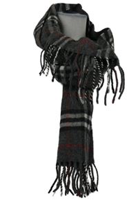 Dámská šedo-červená kostkovaná vlněná šála s třásněmi 