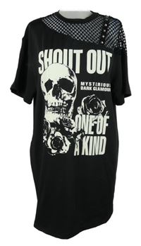 Dámská černá tričková tunika s nápisy a lebkou Shein 