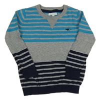 Azurovo-šedo-tmavomodrý pruhovaný svetr s výšivkou Bluezoo