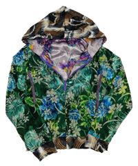 Zelená sametová oboustranná bunda s kytičkami a kapucí 