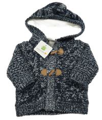 Nové - Černo-bílý melírovaný podšitý propínací svetr s kapucí Topomini