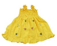 Žluté plátěné žabičkové šaty s kytičkami