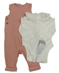 Nové - 2set - Růžové žebrované laclové tepláky + body Primark