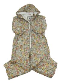 Béžová květovaná šusťáková lehce zateplená kombinéza s králíky a kapucí Tu