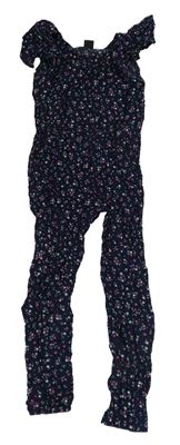 Tmavomodrý květovaný lehký kalhotový overal Kiki&Koko
