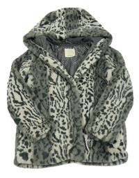 Šedý vzorovaný kožešinový podšitý kabát s kapucí 