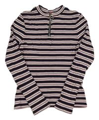 Tmavomodro-bílo-růžovo-vínové pruhované žebrované triko se zipem S. Oliver