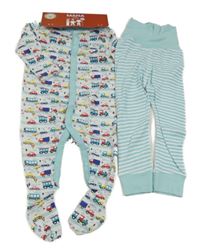 Nové - 2set - Bílo-světlemodrý overal s auty + pruhované tepláky 