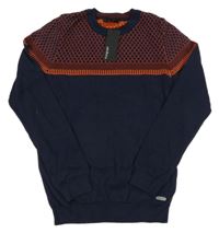 Nové - Tmavomodro-oranžový vzorovaný svetr M&S