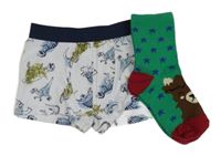 2set - zelené ponožky s hvězdami a lamou + boxerky s dinosaury