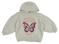 Šedá melírovaná oversize mikina s motýlem z flitrů a kapucí Matalan