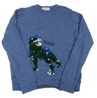 Modrý svetr s dinosaurem z flitrů zn. H&M