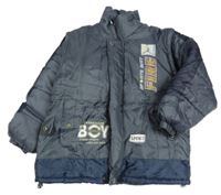 Šedo-tmavomodrá šusťáková zimní bunda s odepínacími rukávy