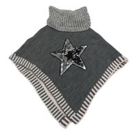 Šedo-světlerůžové pletené pončo s hvězdičkami z flitrů a rolákem