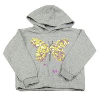 Šedá melírovaná crop mikina s motýlem z flitrů a kapucí Primark