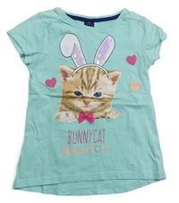 Mentolové tričko s kočičkou s flitry a srdíčky Kiki&Koko