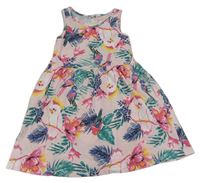Světlerůžové šaty s papoušky a květy a lístečky H&M