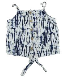 Bílo-tmavomodro-světlemodrý batikovaný mačkaný halenkový propínací crop top F&F
