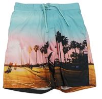 Světlemodro-růžovo-oranžovo-černé plážové kraťasy s palmami H&M