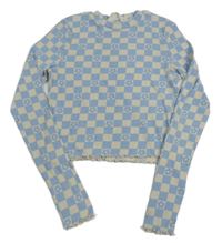 Světlemodro-smetanové kostkované žebrované crop triko s květy H&M