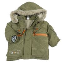 Khaki šusťáková zimní bunda s medvídky a odepínací kapucí s kožešinou C&A