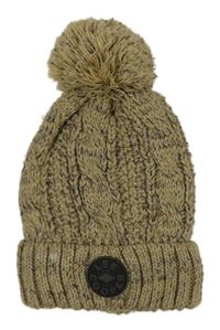 Béžovo-šedá melírovaná vzorovaná pletená zateplená čepice s nášivkou a bambulí Lee Cooper